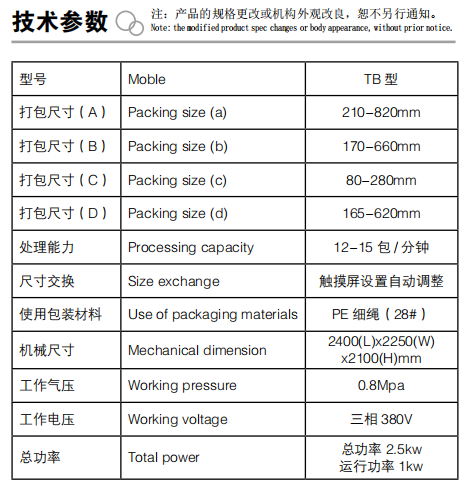 全自動紙箱打包機(jī)參數(shù)表